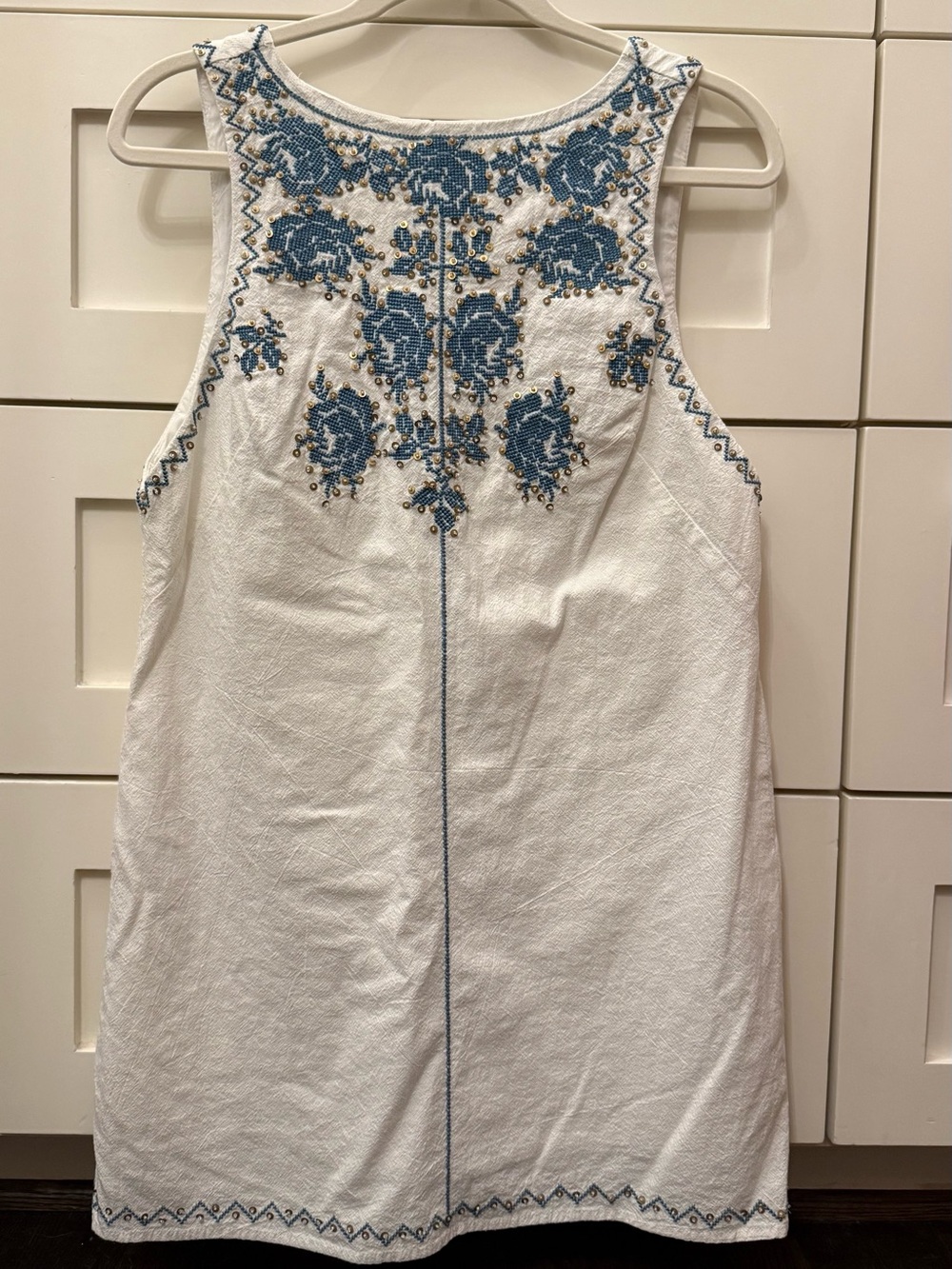 FP Free People White Sleeveless Embroidered Shift Dress with Beading/Blue Detail